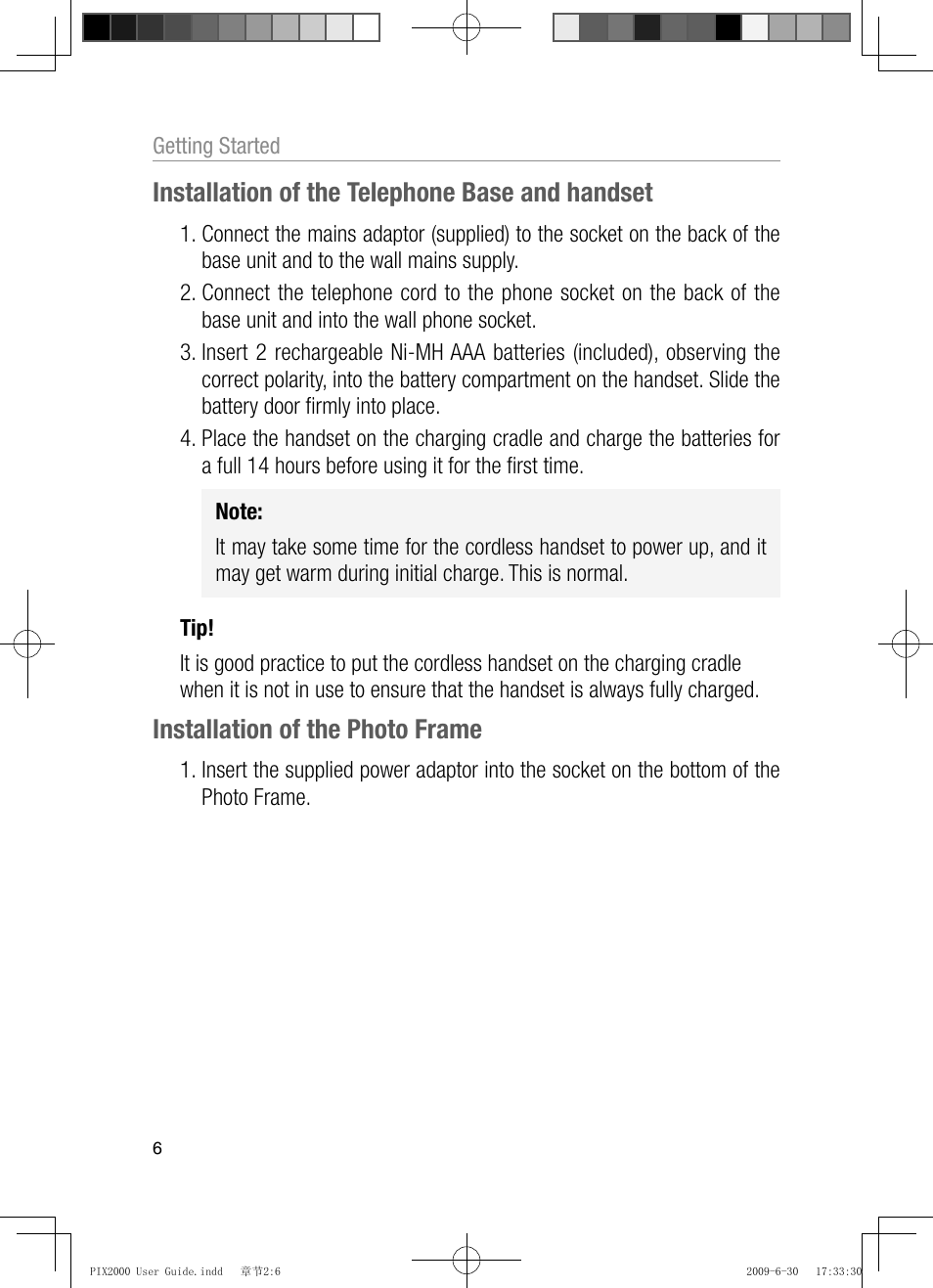 Installation of the telephone base and handset, Installation of the photo frame | Oricom PIX2000 User Manual | Page 8 / 67