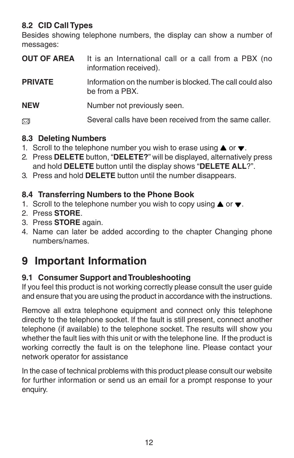 9 important information | Oricom TP110 User Manual | Page 12 / 14