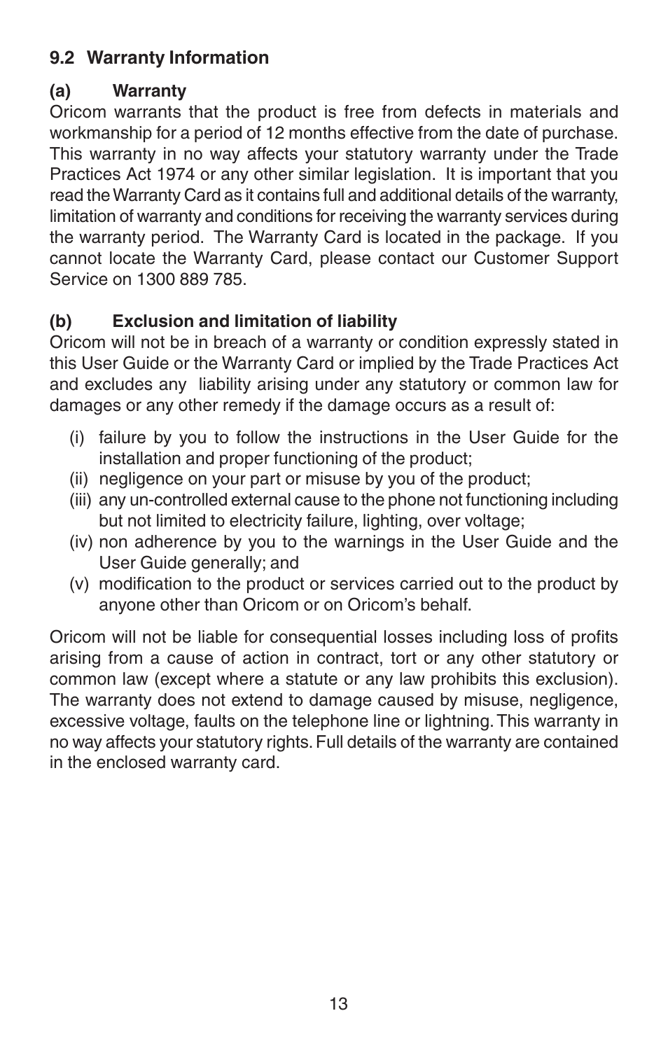 Oricom TP110 User Manual | Page 13 / 14