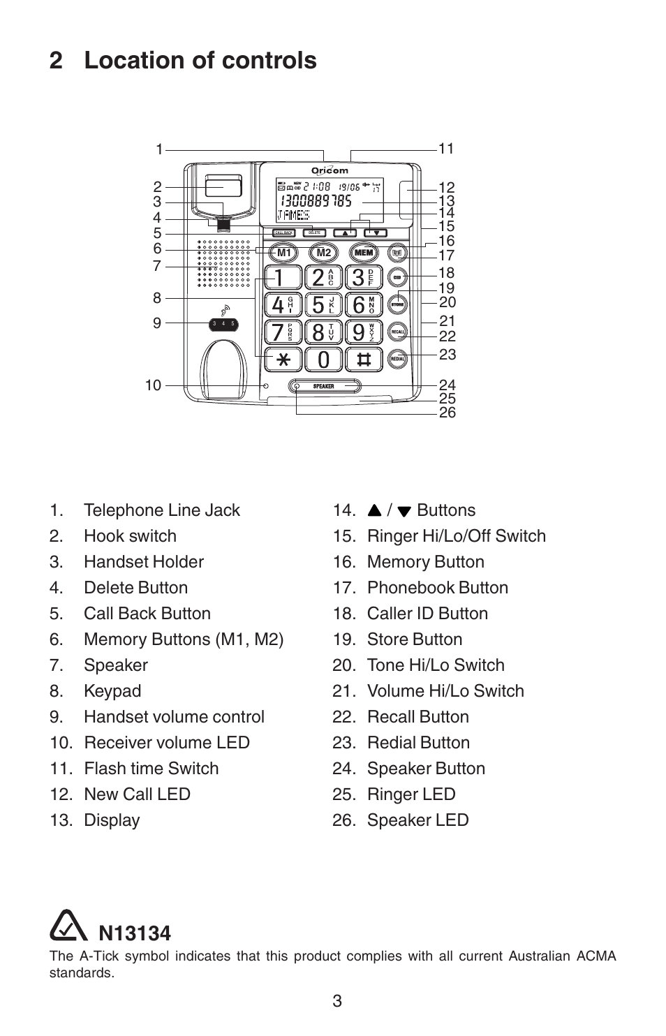 2 location of controls | Oricom TP110 User Manual | Page 3 / 14