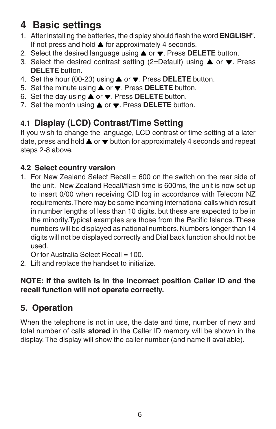 4 basic settings, Display (lcd) contrast/time setting, Operation | Oricom TP110 User Manual | Page 6 / 14