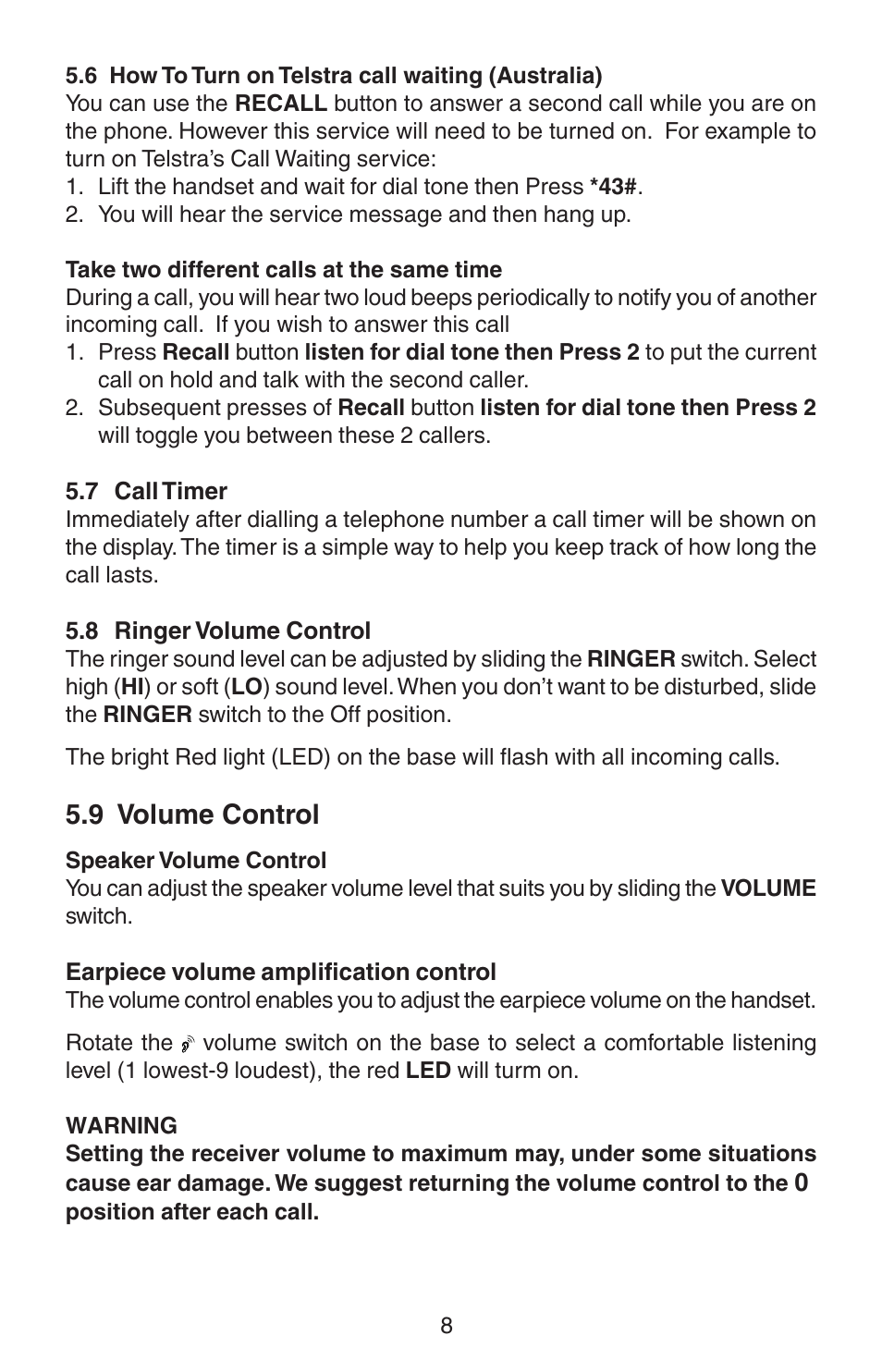 9 volume control | Oricom TP110 User Manual | Page 8 / 14