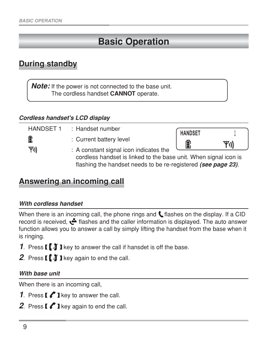 Basic operation, During standby, Answering an incoming call | Oricom eco5200 Series User Manual | Page 13 / 46