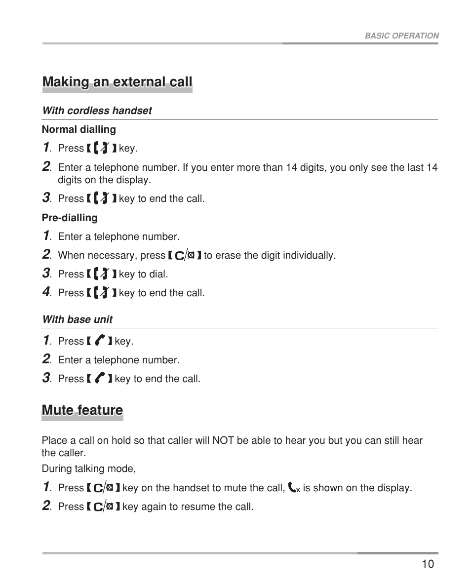 Making an external call, Mute feature | Oricom eco5200 Series User Manual | Page 14 / 46