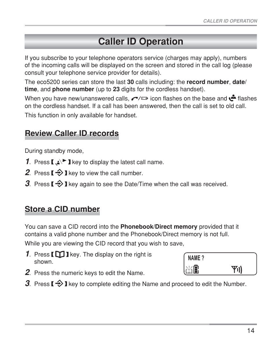 Caller id operation, Review caller id records, Store a cid number | Oricom eco5200 Series User Manual | Page 18 / 46
