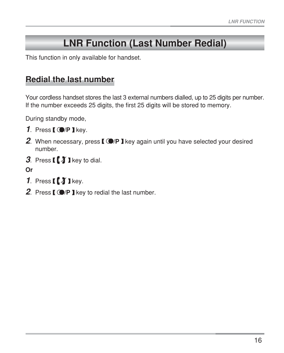 Lnr function (last number redial), Redial the last number | Oricom eco5200 Series User Manual | Page 20 / 46