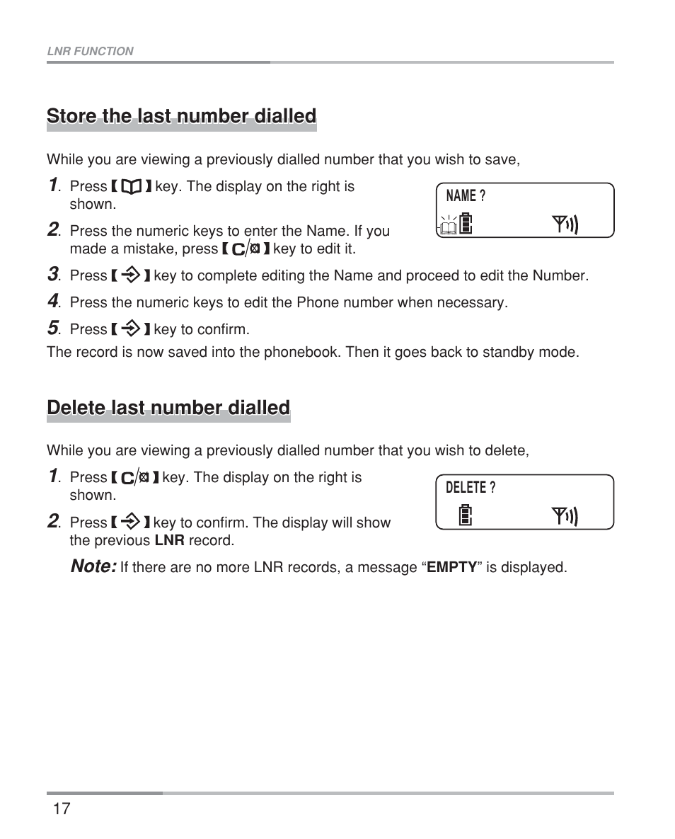 Store the last number dialled, Delete last number dialled | Oricom eco5200 Series User Manual | Page 21 / 46