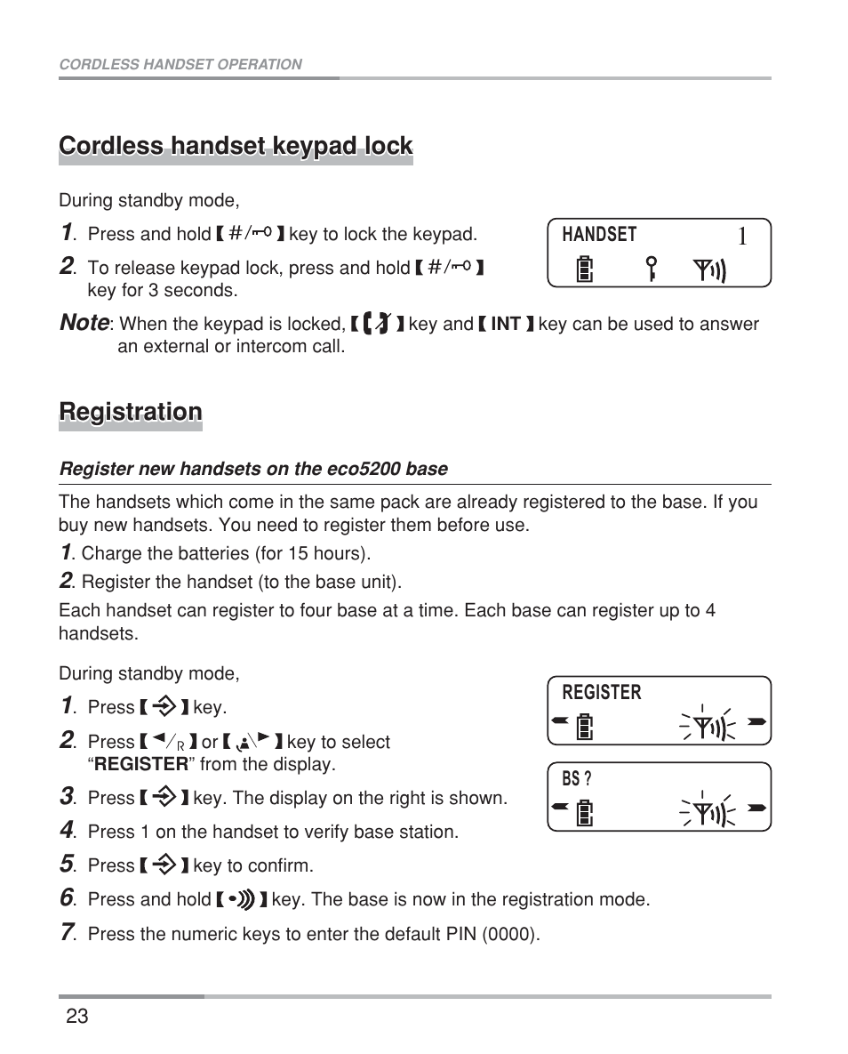 Cordless handset keypad lock, Registration | Oricom eco5200 Series User Manual | Page 27 / 46