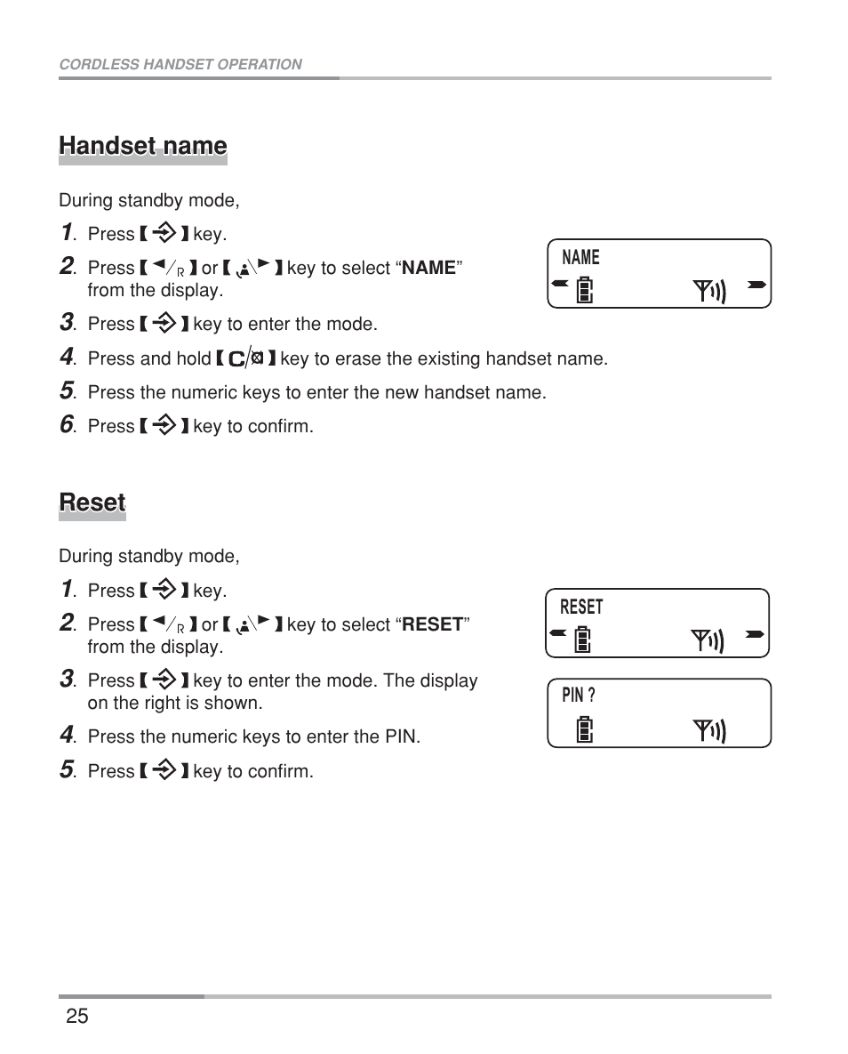 Reset, Handset name | Oricom eco5200 Series User Manual | Page 29 / 46