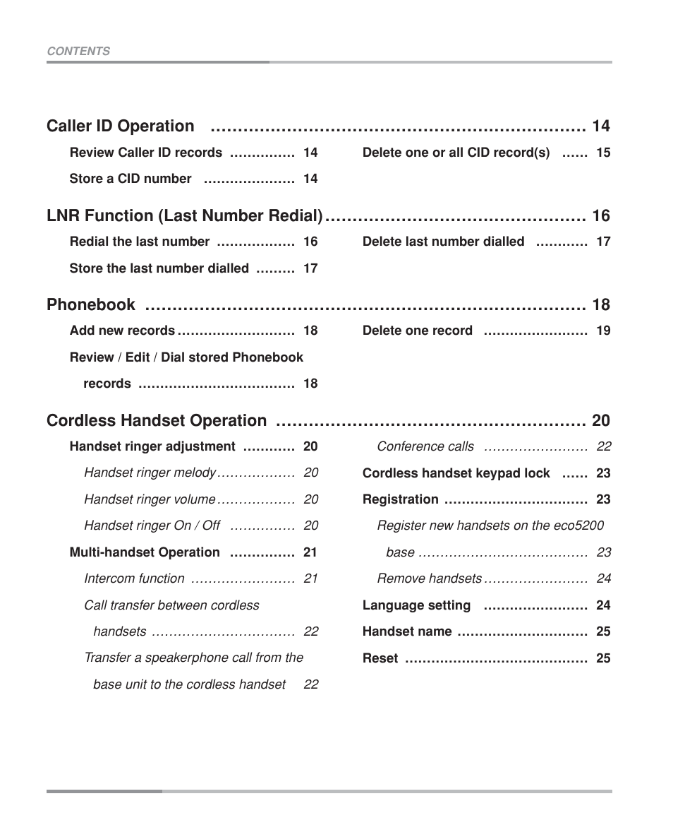 Phonebook ……………………………………………………………………… 18, Cordless handset operation ………………………………………………… 20, Caller id operation …………………………………………………………… 14 | Oricom eco5200 Series User Manual | Page 3 / 46