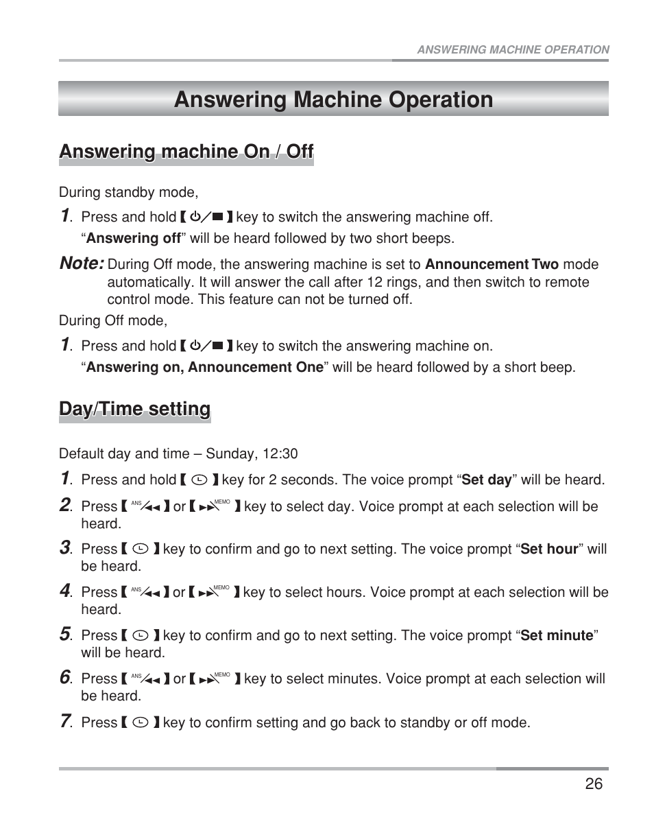 Answering machine operation, Answering machine on / off, Day/time setting | Oricom eco5200 Series User Manual | Page 30 / 46