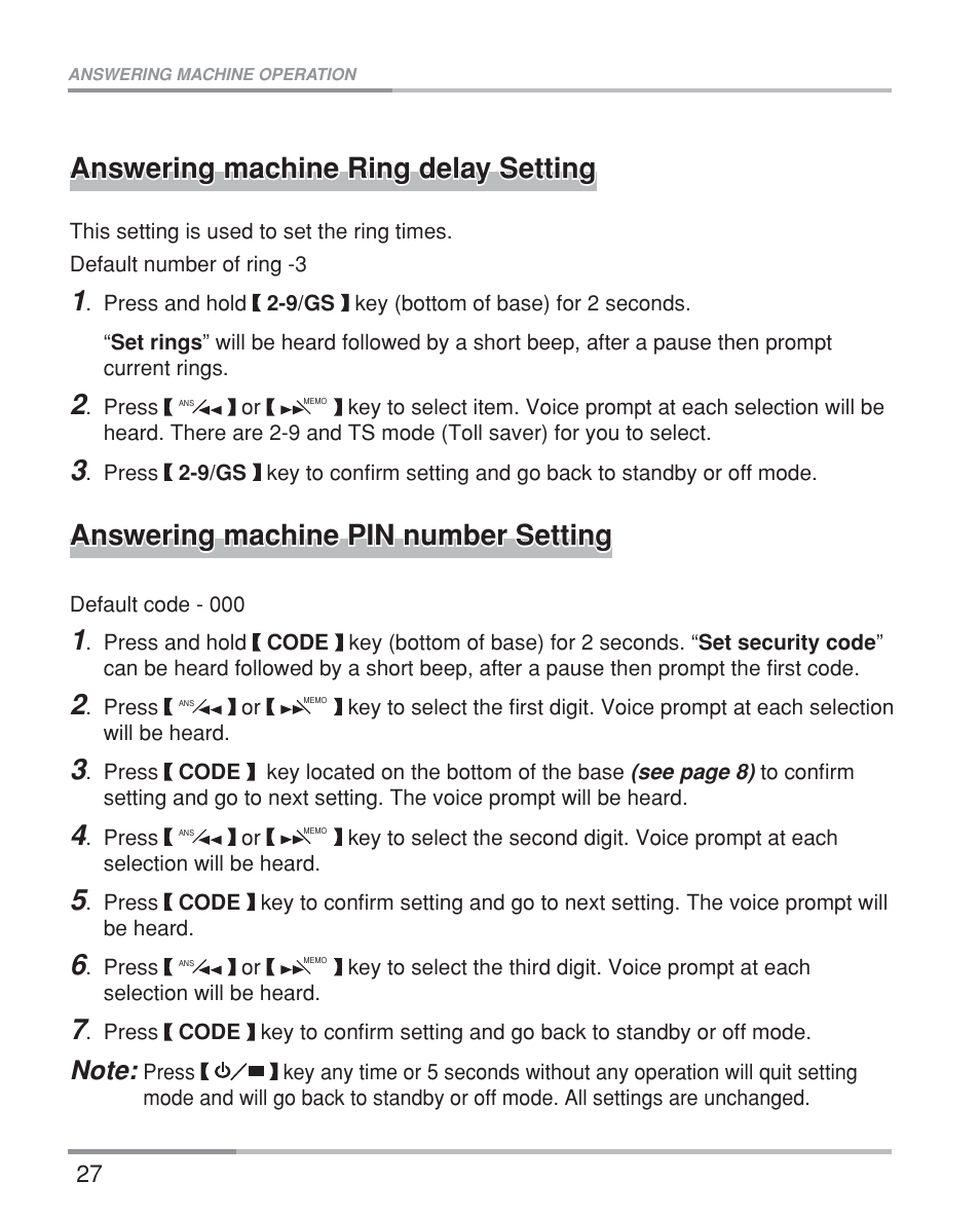 Answering machine ring delay setting, Answering machine pin number setting | Oricom eco5200 Series User Manual | Page 31 / 46