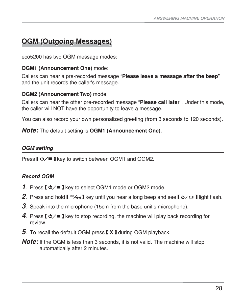 Ogm (outgoing messages) | Oricom eco5200 Series User Manual | Page 32 / 46