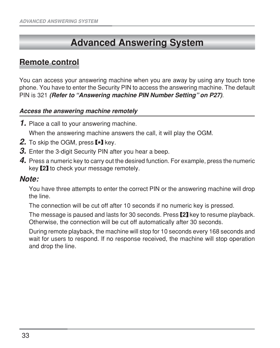 Advanced answering system, Remote control | Oricom eco5200 Series User Manual | Page 37 / 46