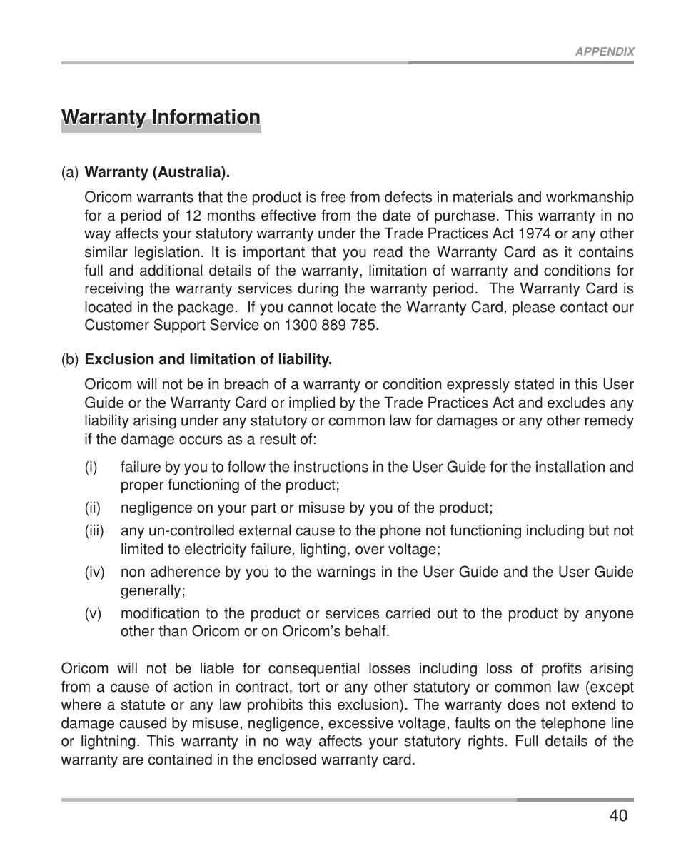 Warranty information | Oricom eco5200 Series User Manual | Page 44 / 46