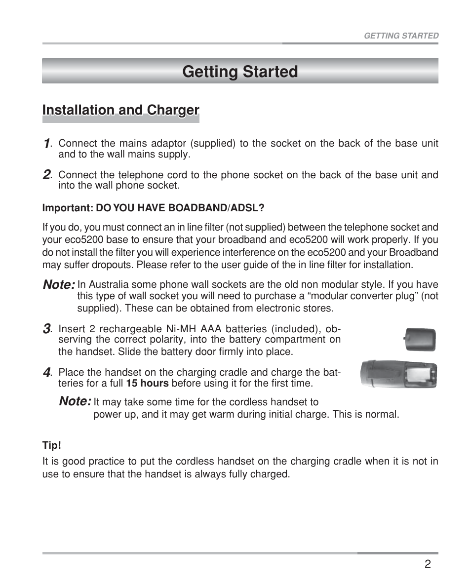 Getting started, Installation and charger, Installation and charger 1 | Oricom eco5200 Series User Manual | Page 6 / 46