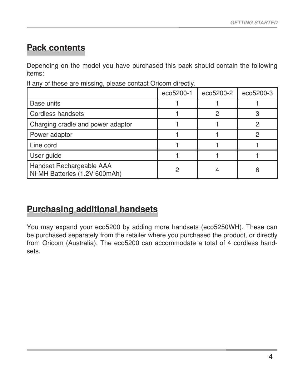 Pack contents, Purchasing additional handsets | Oricom eco5200 Series User Manual | Page 8 / 46