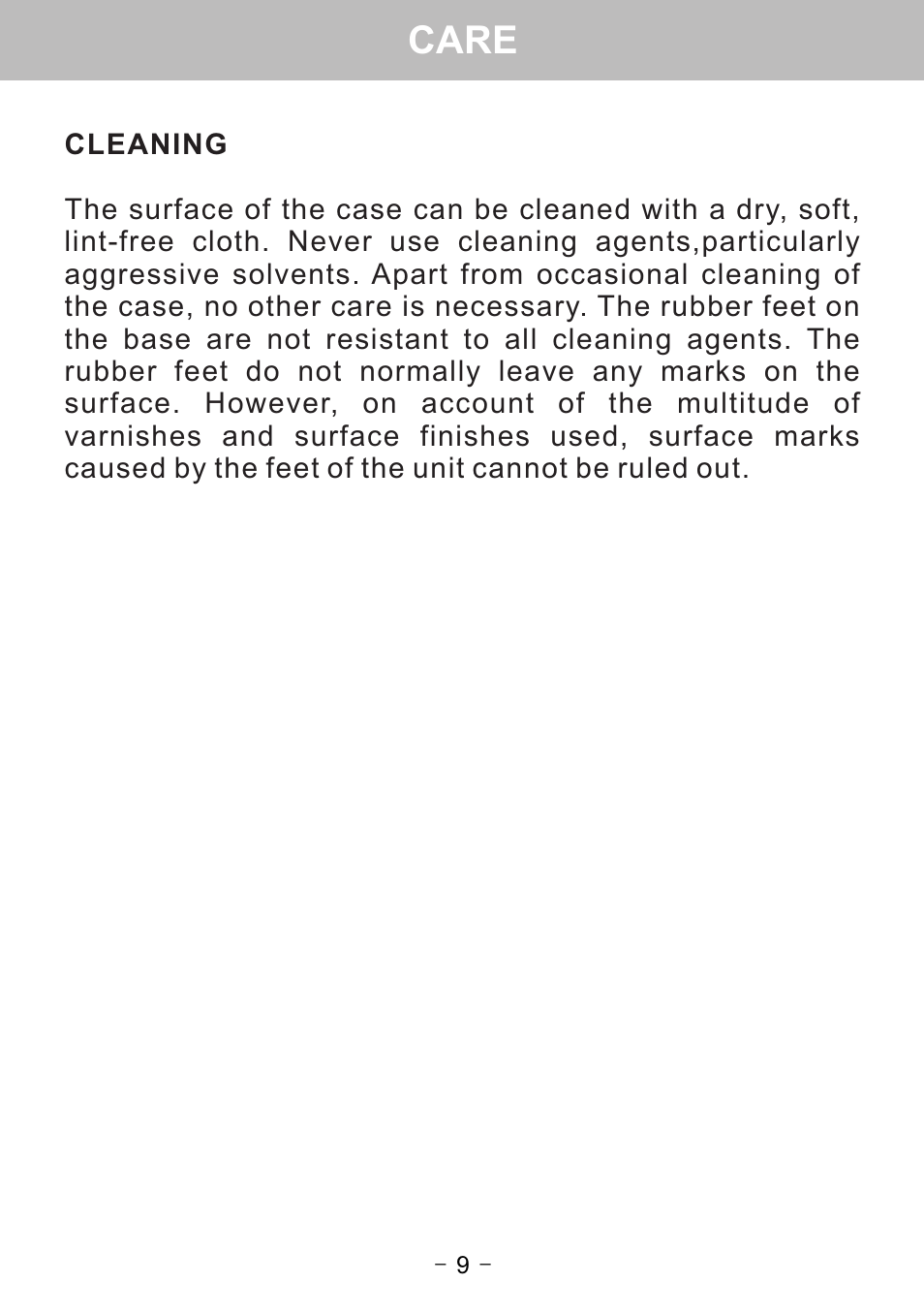 Care | Oricom WNS1 User Manual | Page 11 / 20