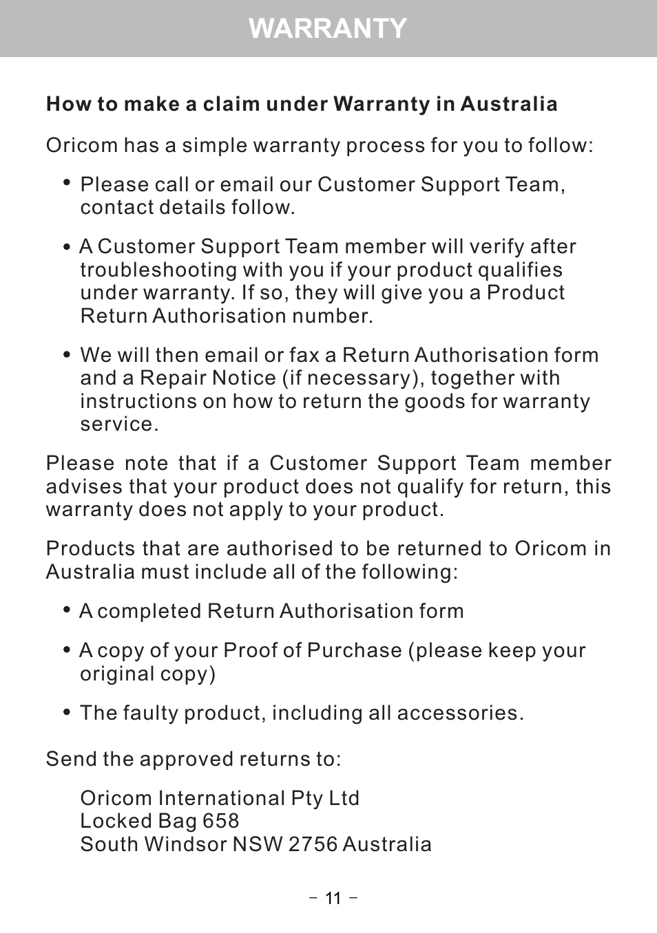 Warranty | Oricom WNS1 User Manual | Page 13 / 20