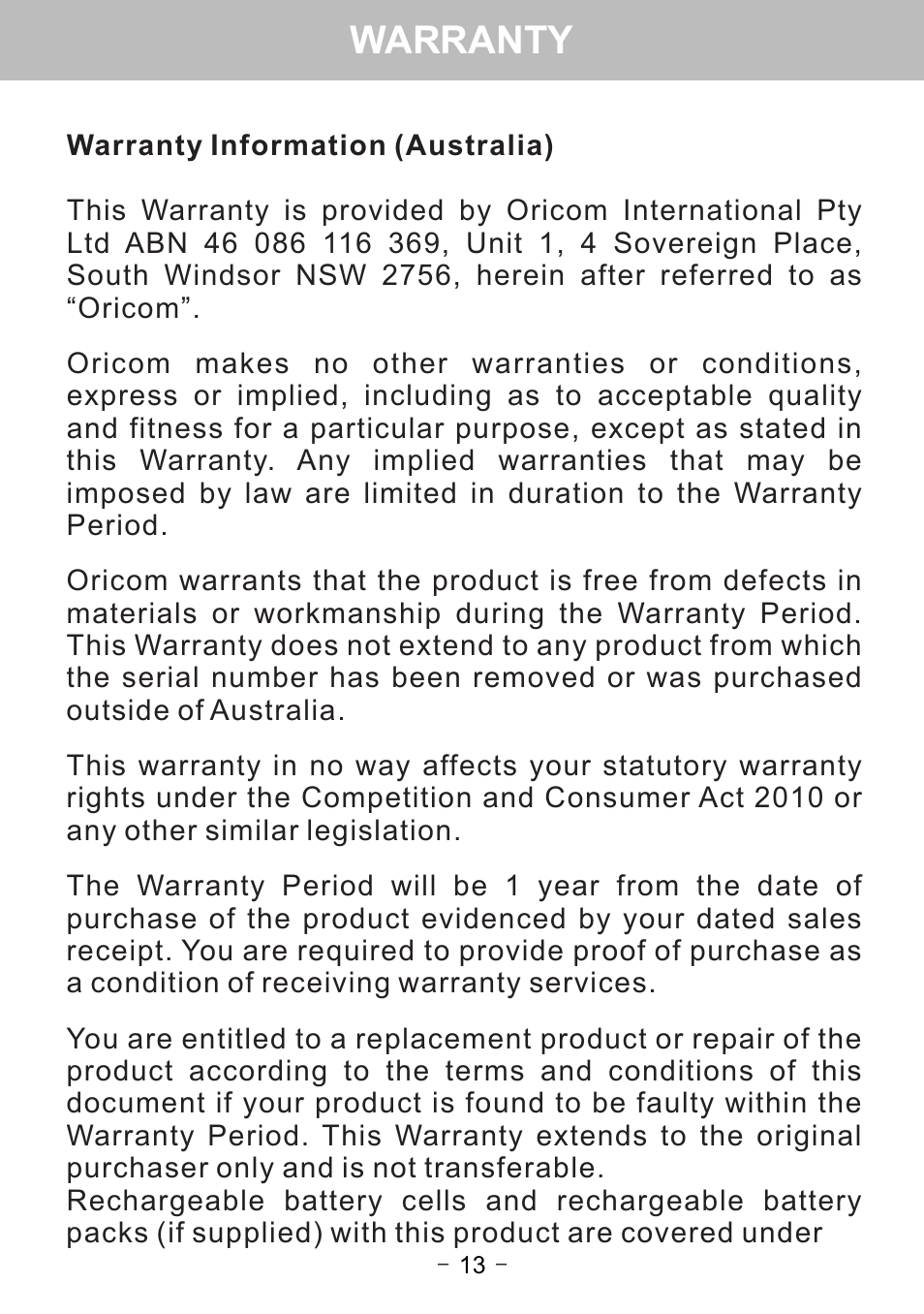 Warranty | Oricom WNS1 User Manual | Page 15 / 20