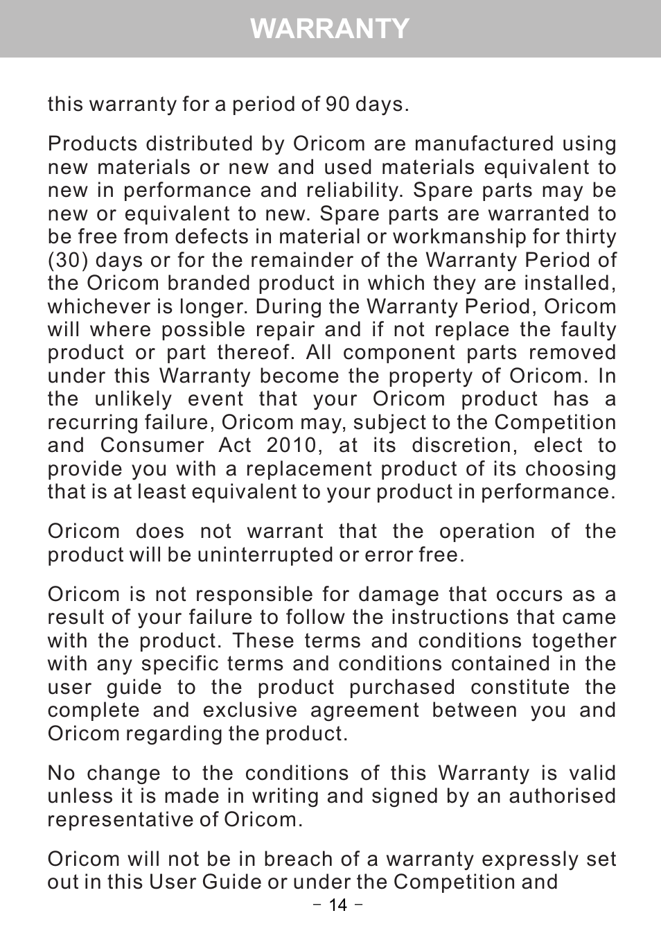 Warranty | Oricom WNS1 User Manual | Page 16 / 20