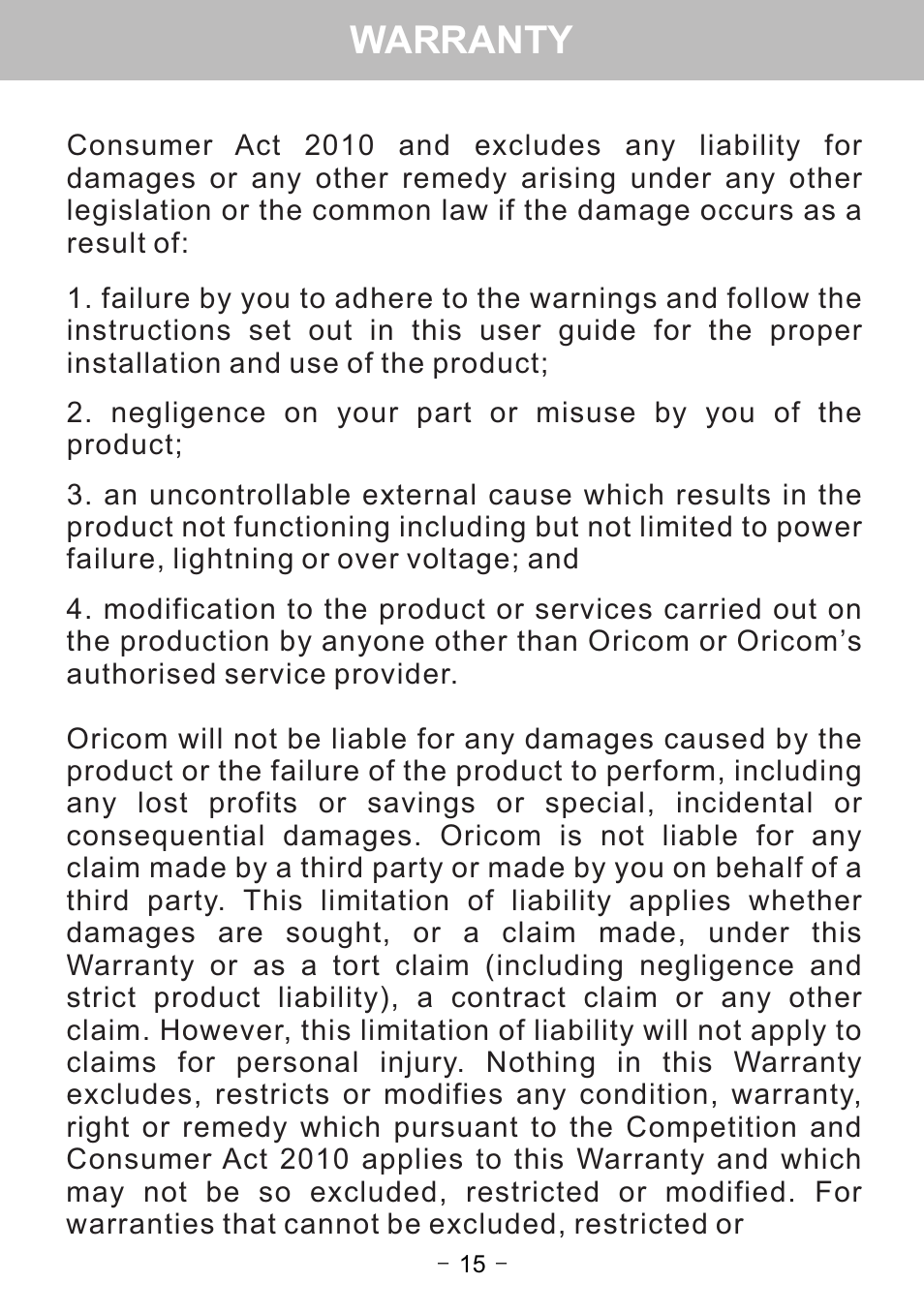 Warranty | Oricom WNS1 User Manual | Page 17 / 20