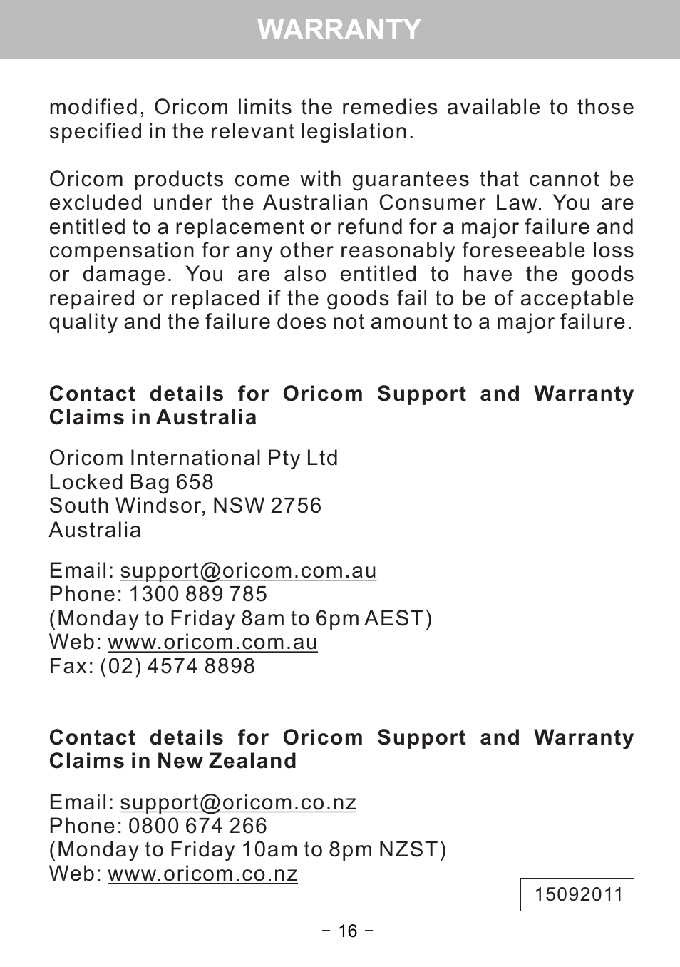 Warranty | Oricom WNS1 User Manual | Page 18 / 20