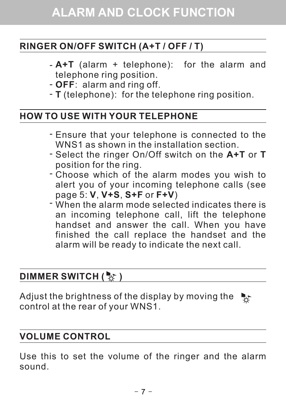 Alarm and clock function | Oricom WNS1 User Manual | Page 9 / 20