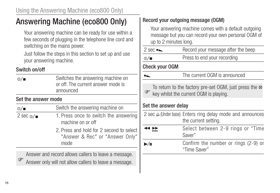 Answering machine (eco800 only) | Oricom ECO80 User Manual | Page 18 / 36