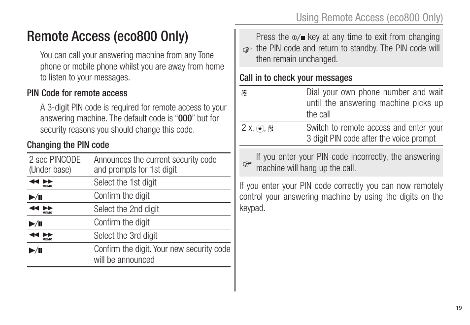 Remote access (eco800 only) | Oricom ECO80 User Manual | Page 21 / 36