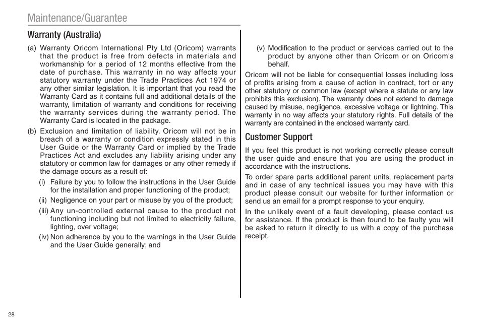 Maintenance/guarantee, Warranty (australia), Customer support | Oricom ECO80 User Manual | Page 30 / 36