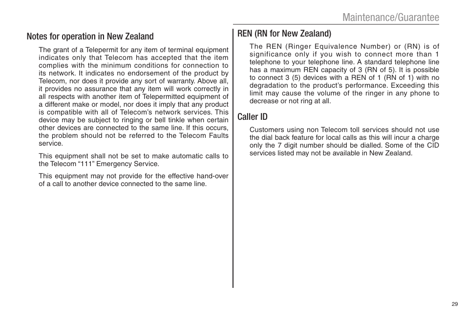 Maintenance/guarantee, Ren (rn for new zealand), Caller id | Oricom ECO80 User Manual | Page 31 / 36