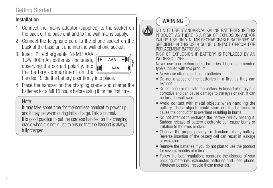 Getting started | Oricom ECO80 User Manual | Page 4 / 36