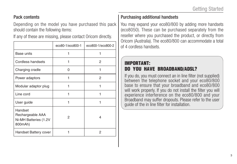 Getting started, Important: do you have broadband/adsl | Oricom ECO80 User Manual | Page 5 / 36