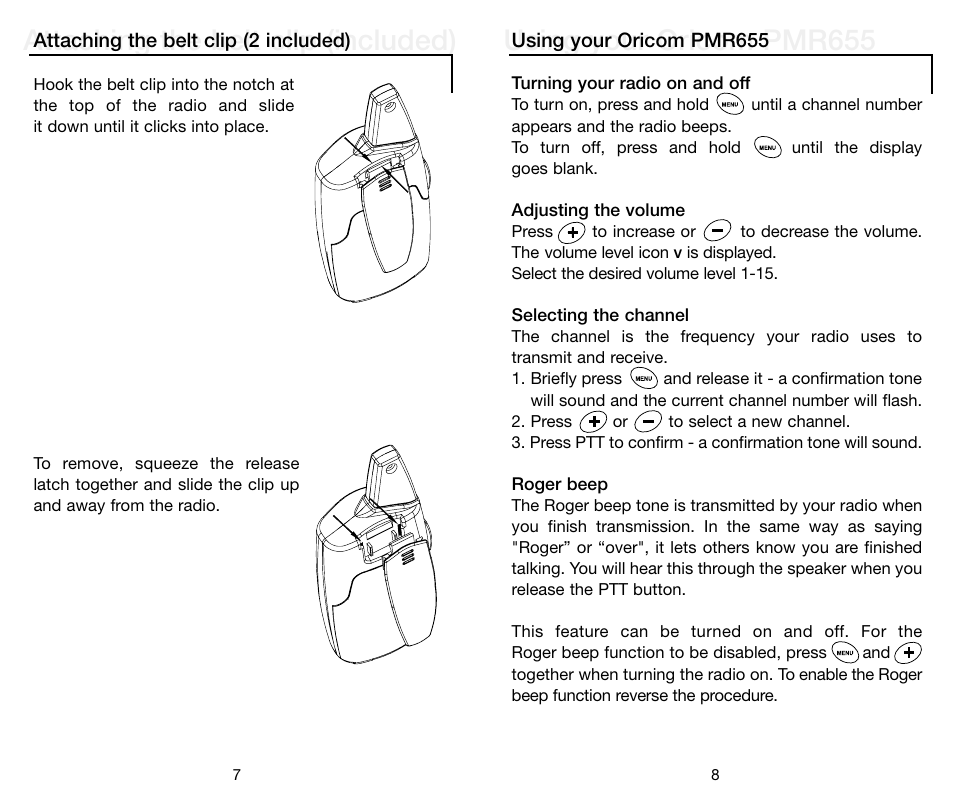 Attaching the belt clip (included), Using your oricom pmr655 | Oricom PMR655 User Manual | Page 6 / 10