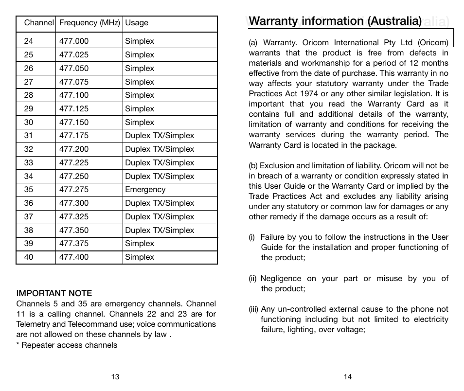 Warranty information (australia) | Oricom PMR655 User Manual | Page 9 / 10