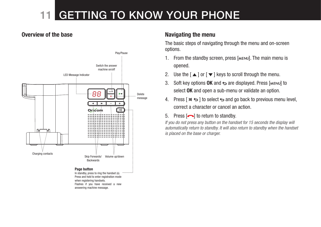 Getting to know your phone, Overview of the base navigating the menu | Oricom 8000 User Manual | Page 12 / 44