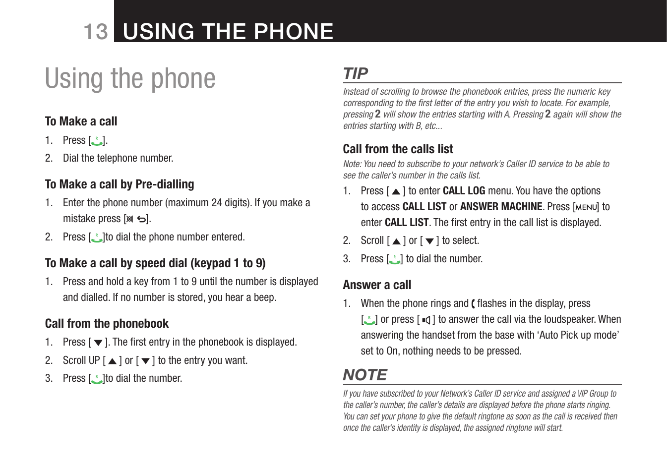 Using the phone, 13 using the phone | Oricom 8000 User Manual | Page 14 / 44