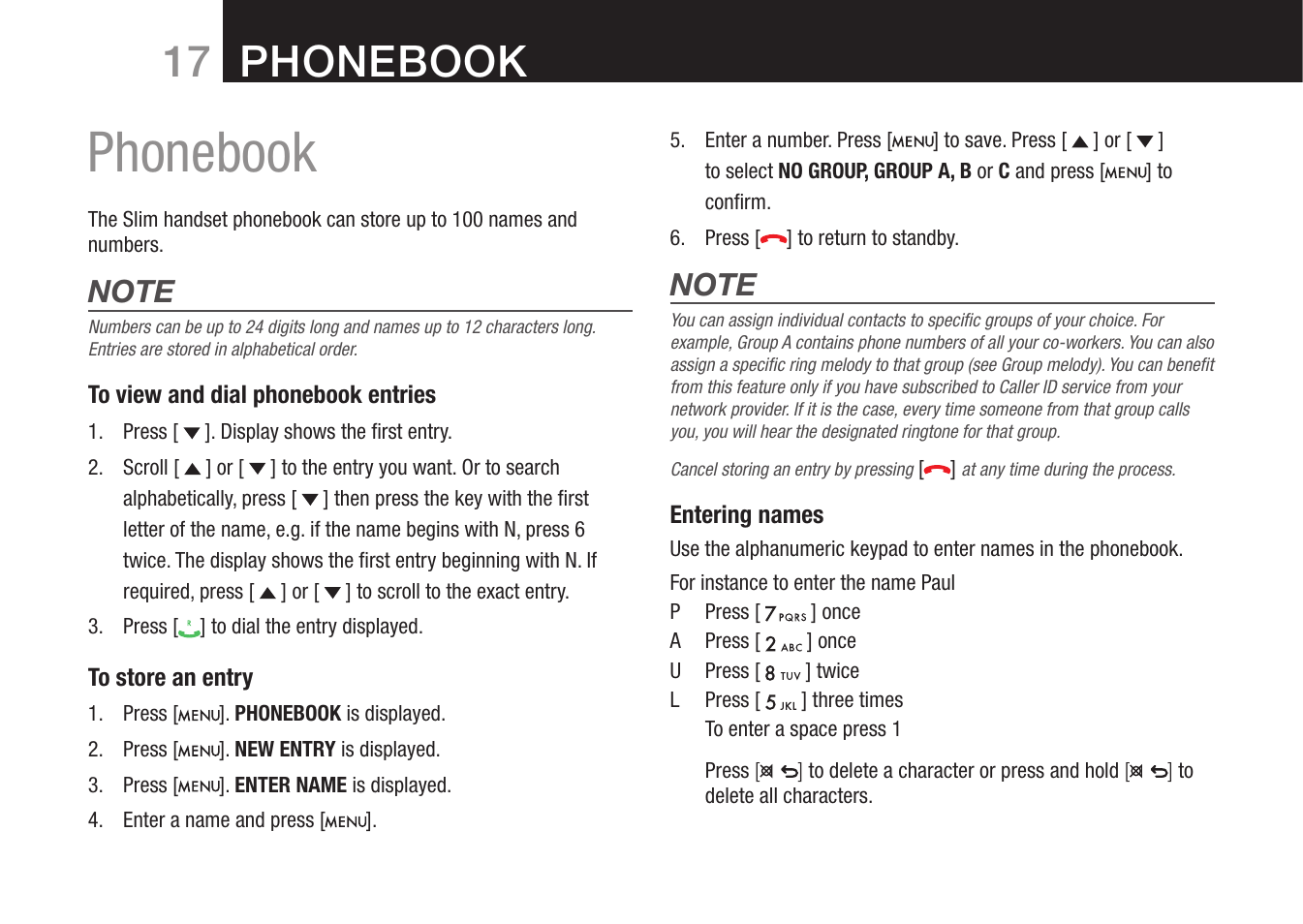 Phonebook, 17 phonebook | Oricom 8000 User Manual | Page 18 / 44