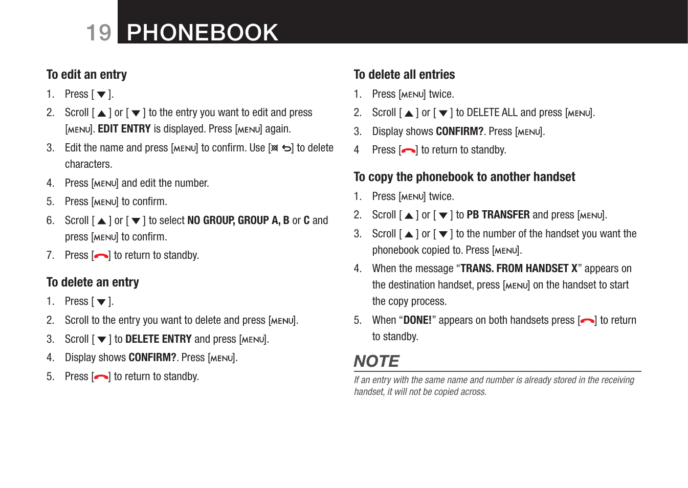 19 phonebook | Oricom 8000 User Manual | Page 20 / 44