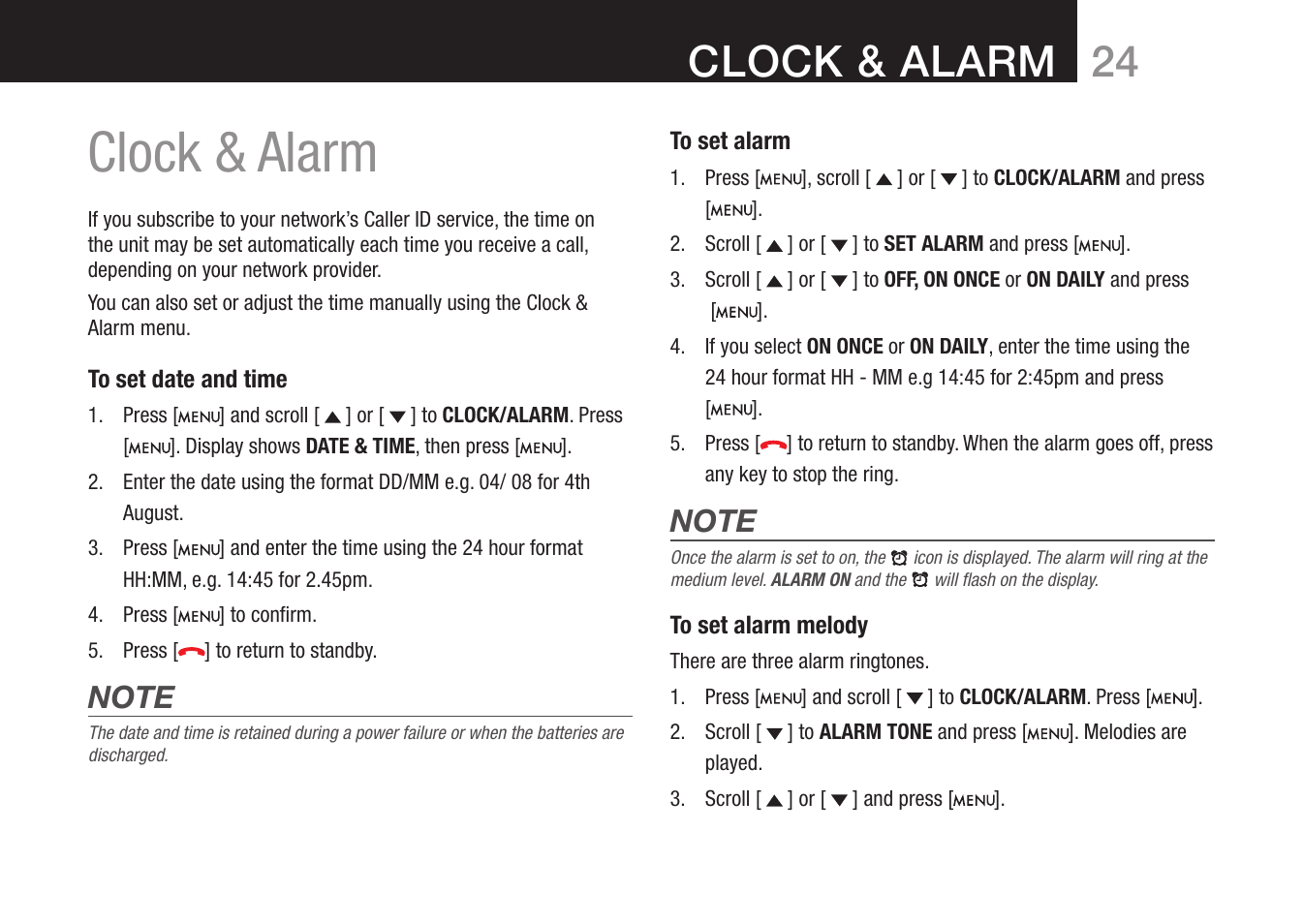 Clock & alarm, 24 clock & alarm | Oricom 8000 User Manual | Page 25 / 44