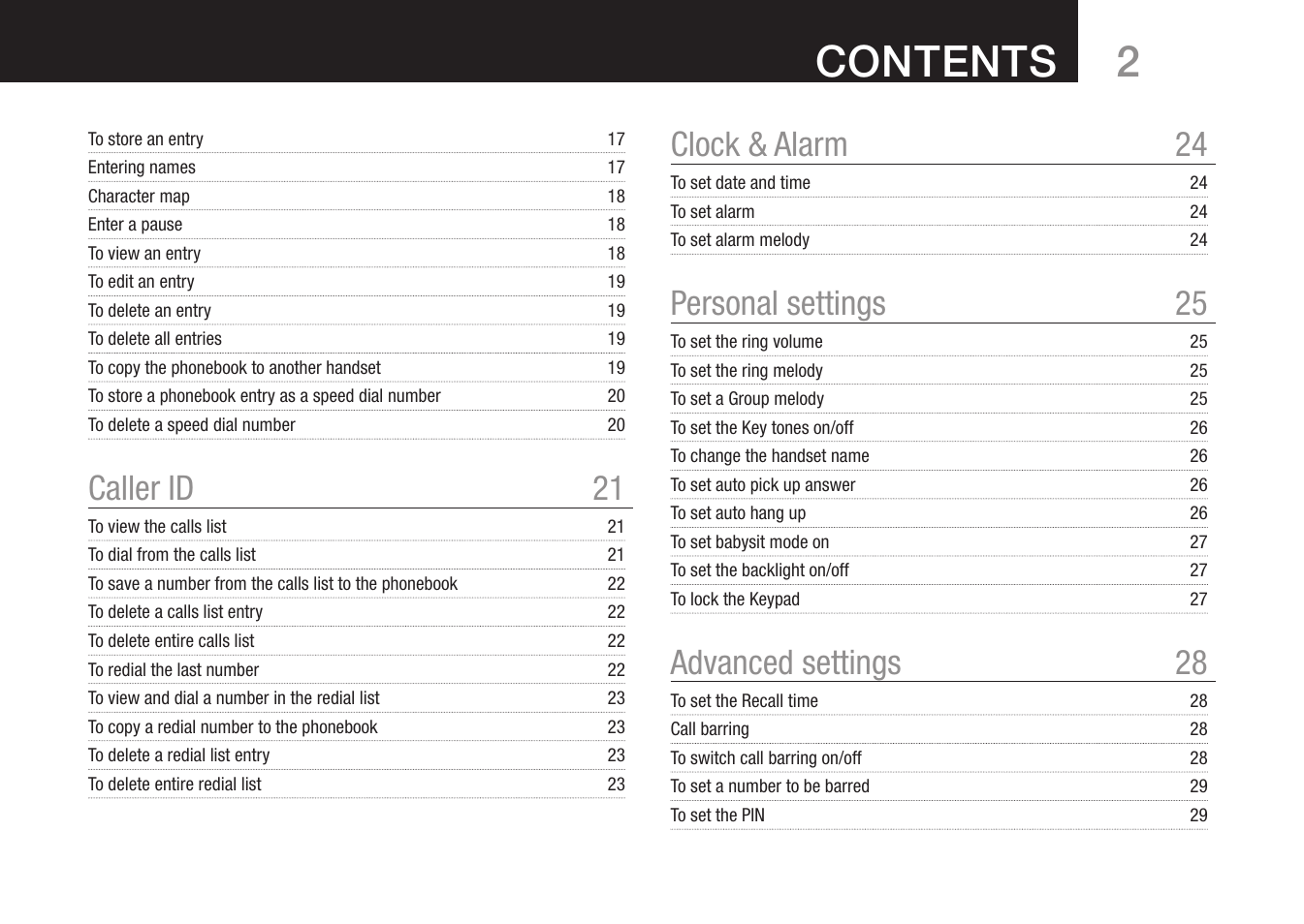 2contents, Caller id 21, Clock & alarm 24 | Personal settings 25, Advanced settings 28 | Oricom 8000 User Manual | Page 3 / 44