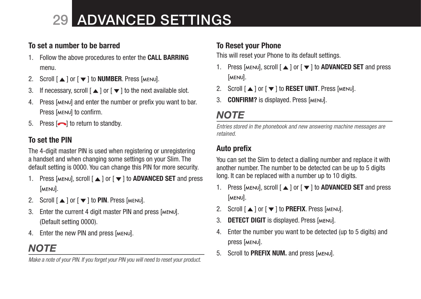 29 advanced settings | Oricom 8000 User Manual | Page 30 / 44