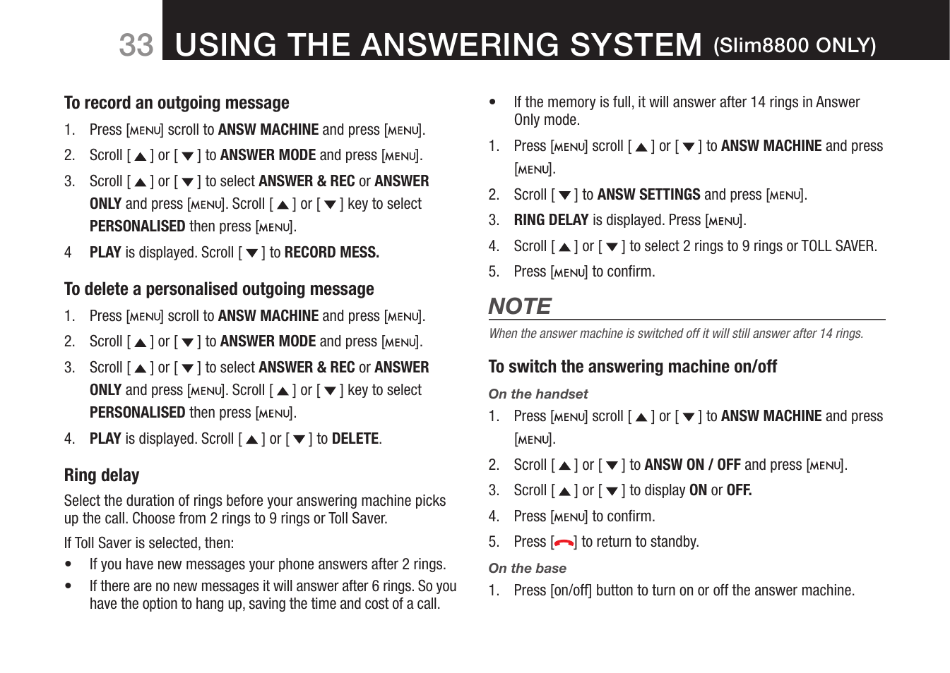 33 using the answering system, Slim8800 only) | Oricom 8000 User Manual | Page 34 / 44