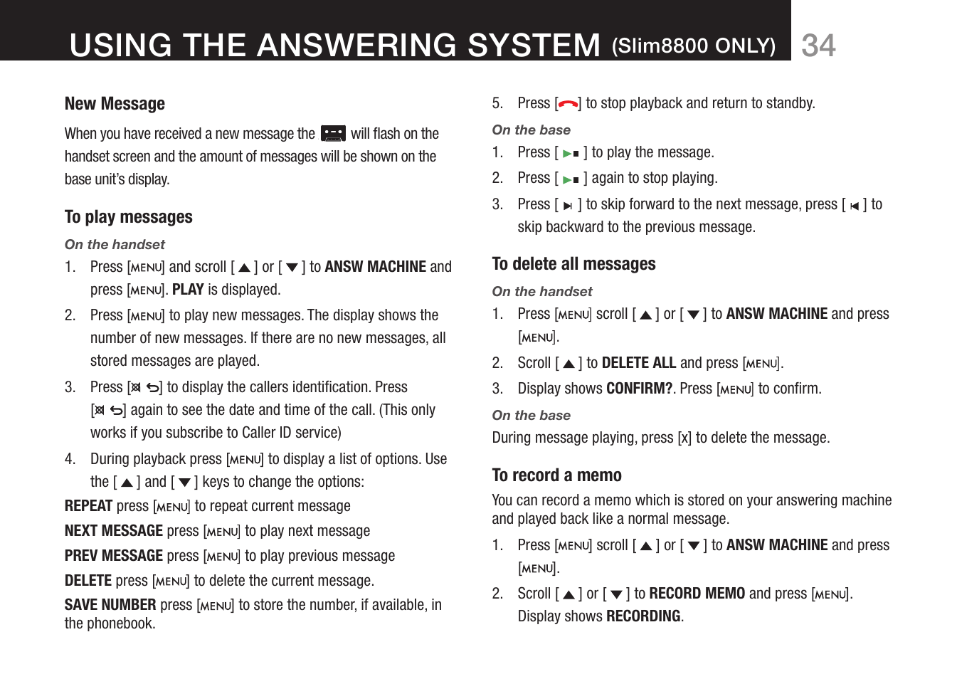 34 using the answering system, Slim8800 only) | Oricom 8000 User Manual | Page 35 / 44