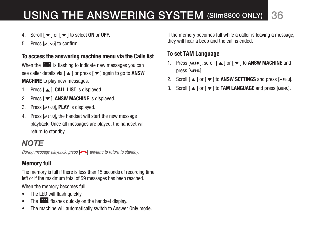 36 using the answering system, Slim8800 only) | Oricom 8000 User Manual | Page 37 / 44