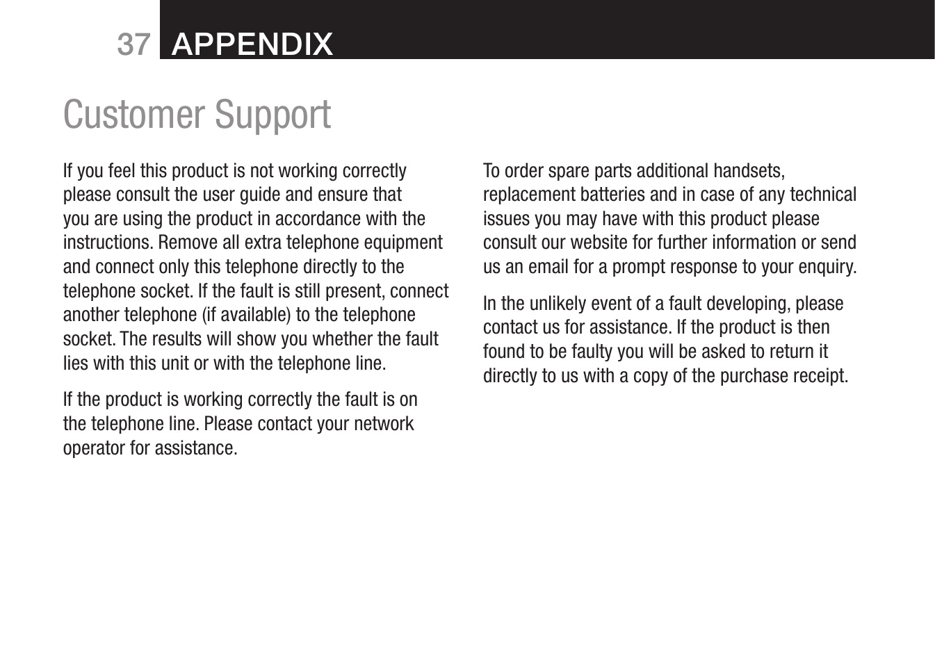 Customer support, 37 appendix | Oricom 8000 User Manual | Page 38 / 44