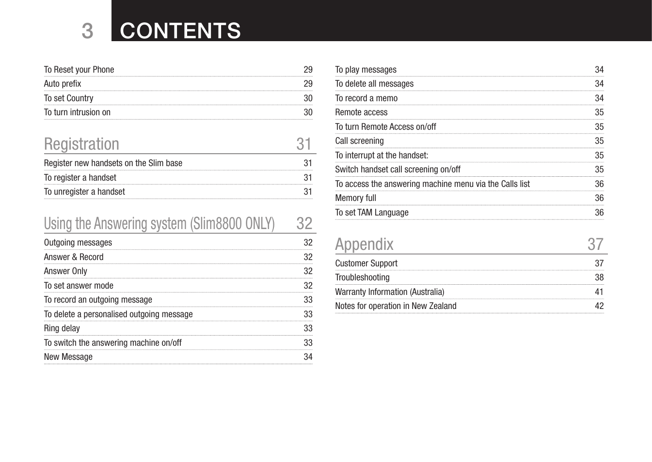 3contents, Registration 31, Appendix 37 | Oricom 8000 User Manual | Page 4 / 44