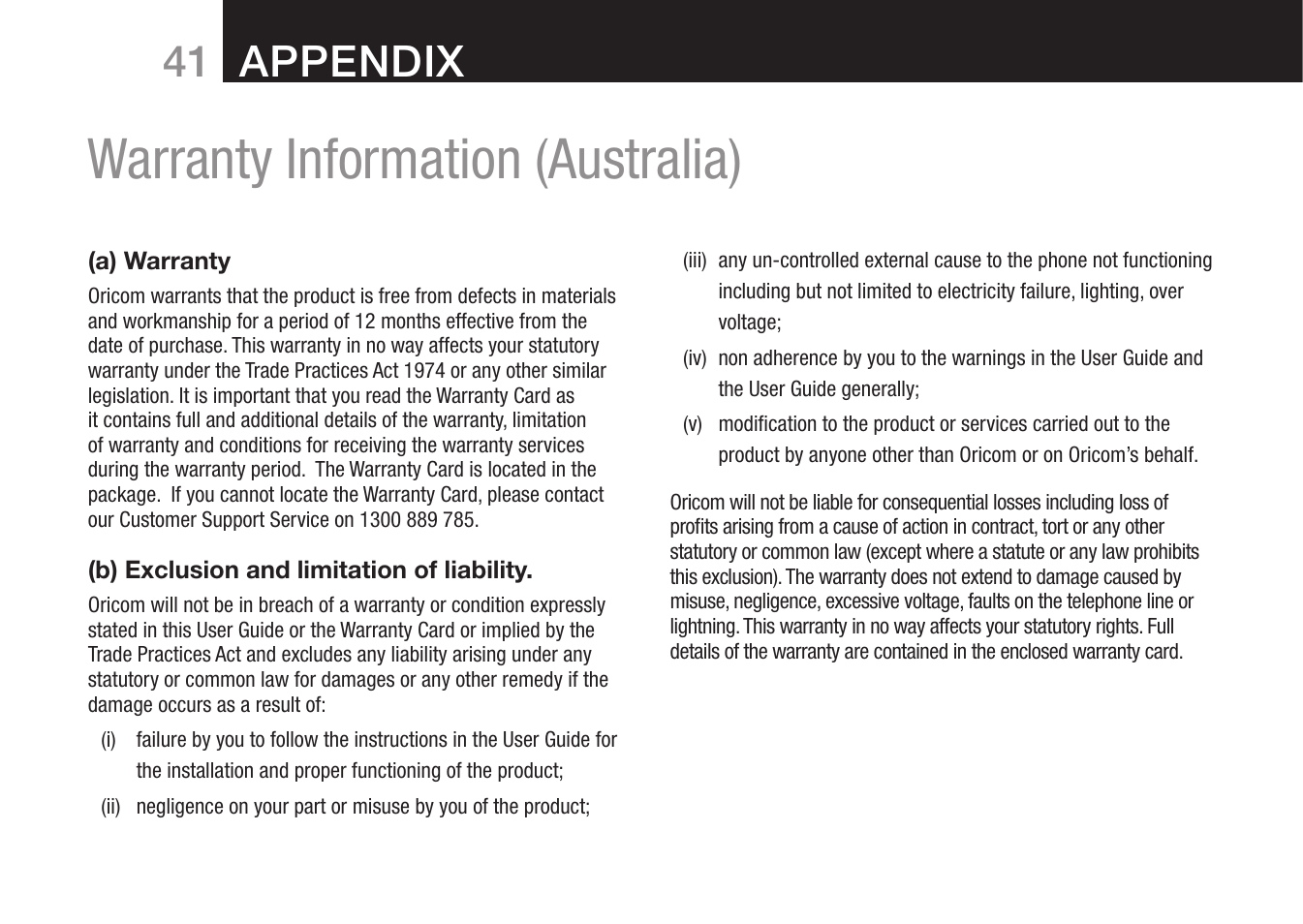 Warranty information (australia), 41 appendix | Oricom 8000 User Manual | Page 42 / 44