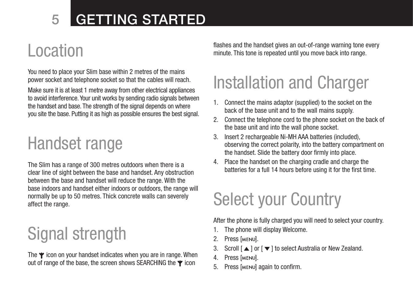 Location, Handset range, Signal strength | Installation and charger, Select your country, 5getting started | Oricom 8000 User Manual | Page 6 / 44